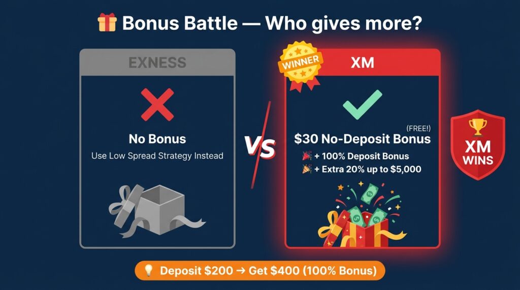 เปรียบเทียบโบนัส Exness vs XM — XM ชนะด้วย $30 No-Deposit + 100% Bonus