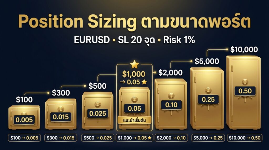 Position Sizing สำหรับพอร์ต $100 ถึง $10,000 ด้วยกฎ 1% Risk