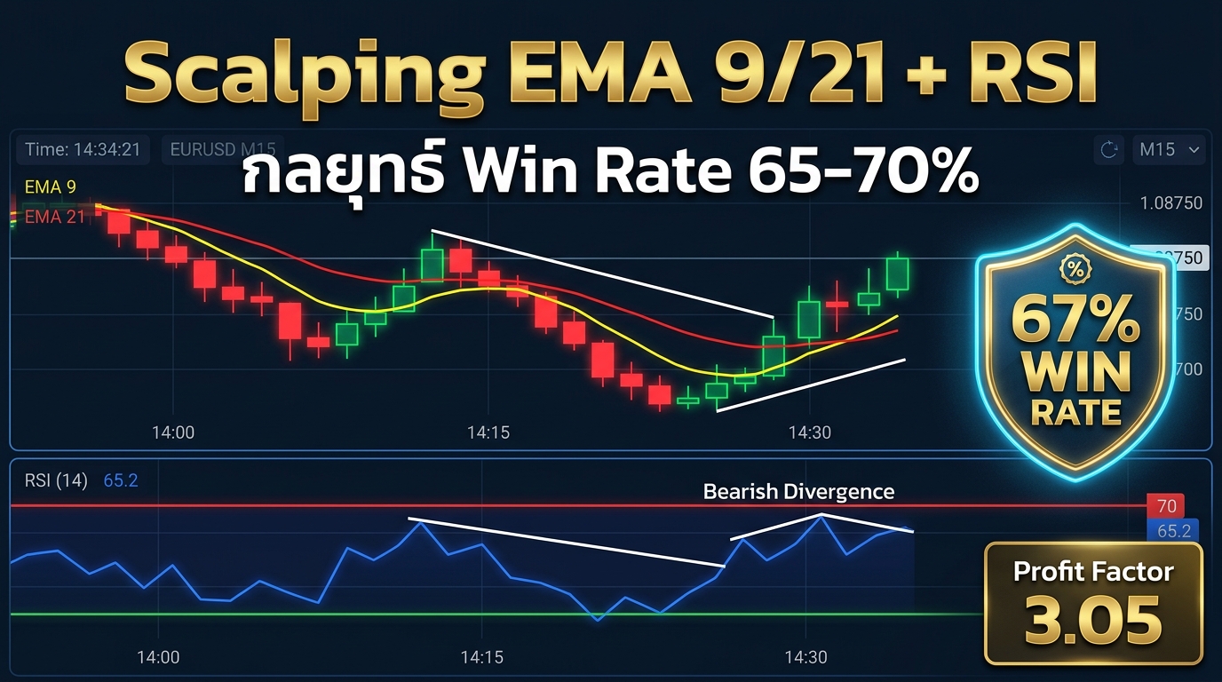 กลยุทธ์ Scalping EMA 9/21 + RSI Divergence Win Rate 65-70% บนกราฟ M5/M15