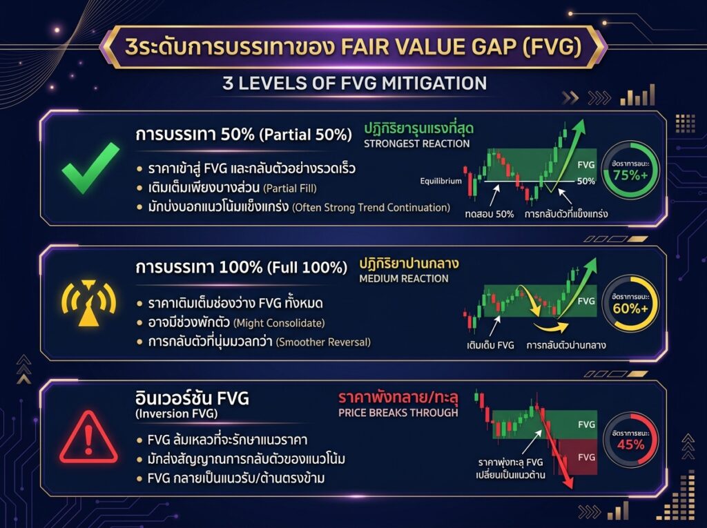 Vertical infographic showing 3 Mitigation Levels of FVG: Level 1 "Partial 50%" (strongest reaction, green checkmark), Level 2 "Full 100%" (medium reaction, yellow indicator), Level 3 "Inversion FVG" (price breaks through, red warning), each with mini chart example, Thai labels and Win Rate %, professional infographic, purple/gold theme on navy